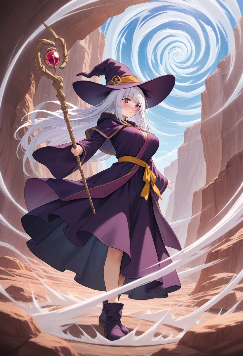 aerokinesis,1girl, solo,large breasts,breasts,blush,day,outdoors,canyon,white hair,red eyes, bangs, purple eyes,very long hair, bangs,witch,witch hat,robe,skirt,<lora:aerokinesis_v1_illustrious:.8>,magic,((holding_staff)),wind, gust,cyclone, twister,tornado,, masterpiece, best quality amazing quality very aesthetic high resolution ultra detailed absurdres, newest