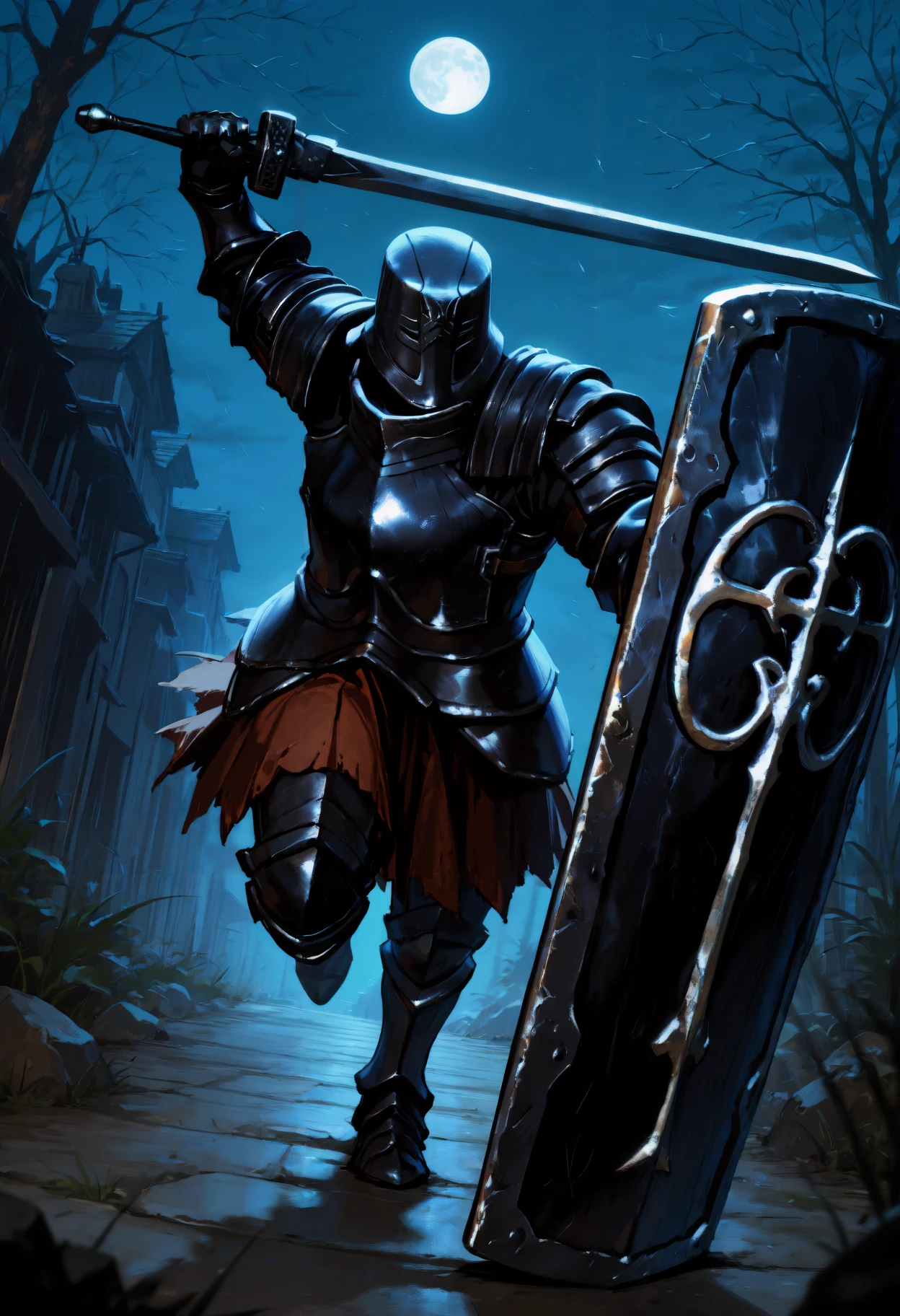 masterpiece, best quality, newest, absurdres, highres, outdoors, night, ambiguous gender, solo, dsbit, black helmet, black armor, black breastplate, black Pauldrons, black Cuirass, black Gauntlets, tunic under armor, black Greaves, holding sword, holding shield, incoming attack, dynamic pose, foreshortening, full body,   <lora:Black_Iron_Tarkus_Illustrious-000009:1>