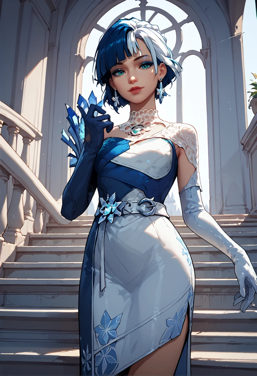 score_9, score_8_up, score_7_up, score_6_up, score_5_up, score_4_up, masterpiece, ultra-detailed, high resolution,

lunafrost, 1girl, solo, dress, stairs, looking at viewer, jewelry, earrings, belt, gloves, bangs