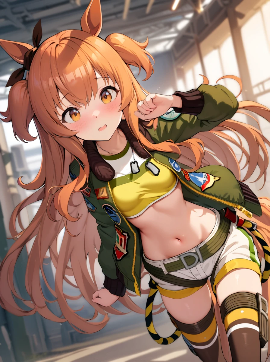 masterpiece, best quality, absurdres,
mayano topgun \(umamusume\), 1girl, horse ears, white short shorts, navel, horse tail, crop top, midriff, long sleeves, short shorts, two side up, dog tags, blush, open clothes, ear ribbon, bomber jacket, brown thighhighs, belt, brown short boots
 <lora:SDXL_mayano_topgun_v1.0:1>