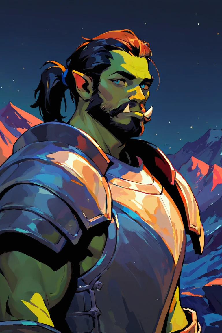 masterpiece, best quality, highres, newest, rainbowstyle, flat color, colorful, 1boy, solo, male focus, mature male, orc, colored skin, green skin, tusks, blue eyes, medium hair, black hair, hair slicked back, ponytail, facial hair, beard, mustache, looking at viewer, full armor, shoulder armor, breastplate, pauldrons, upper body, closed mouth, standing, outdoors, mountain, night, night sky, dark background <lora:Rainbow Dreams [LoRA] - NoobAI-XL EPS 1.0:0.8>