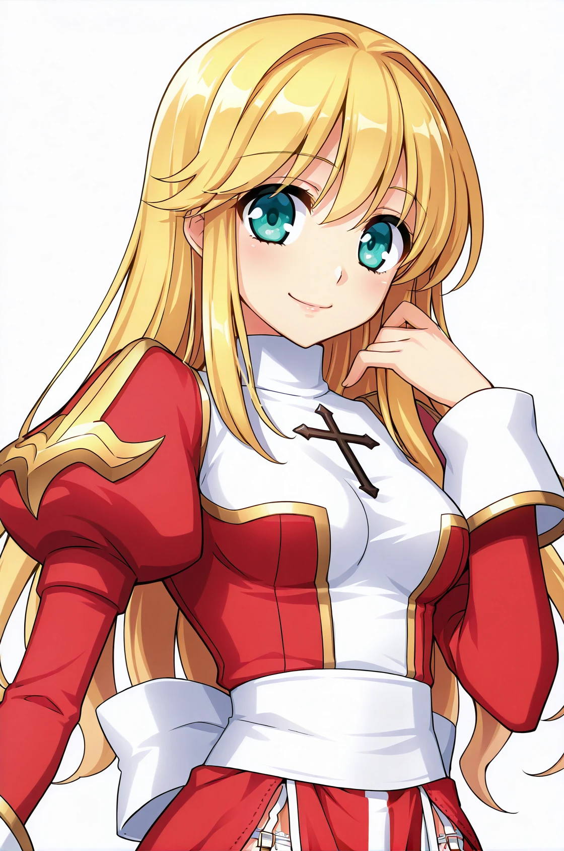 1girl, looking at viewer,
hiPriestRo, garter straps, garter belt, white legwear, white sash, red dress, puffy sleeves, long sleeves, cross, turtleneck, pelvic curtain, waist bow, lace-trimmed legwear, 
long hair, aqua eye, blonde hair,
standing, upper body, smile, 
white background,
 <lora:hiPriestRoIllustriousV1.0-000007:0.95>