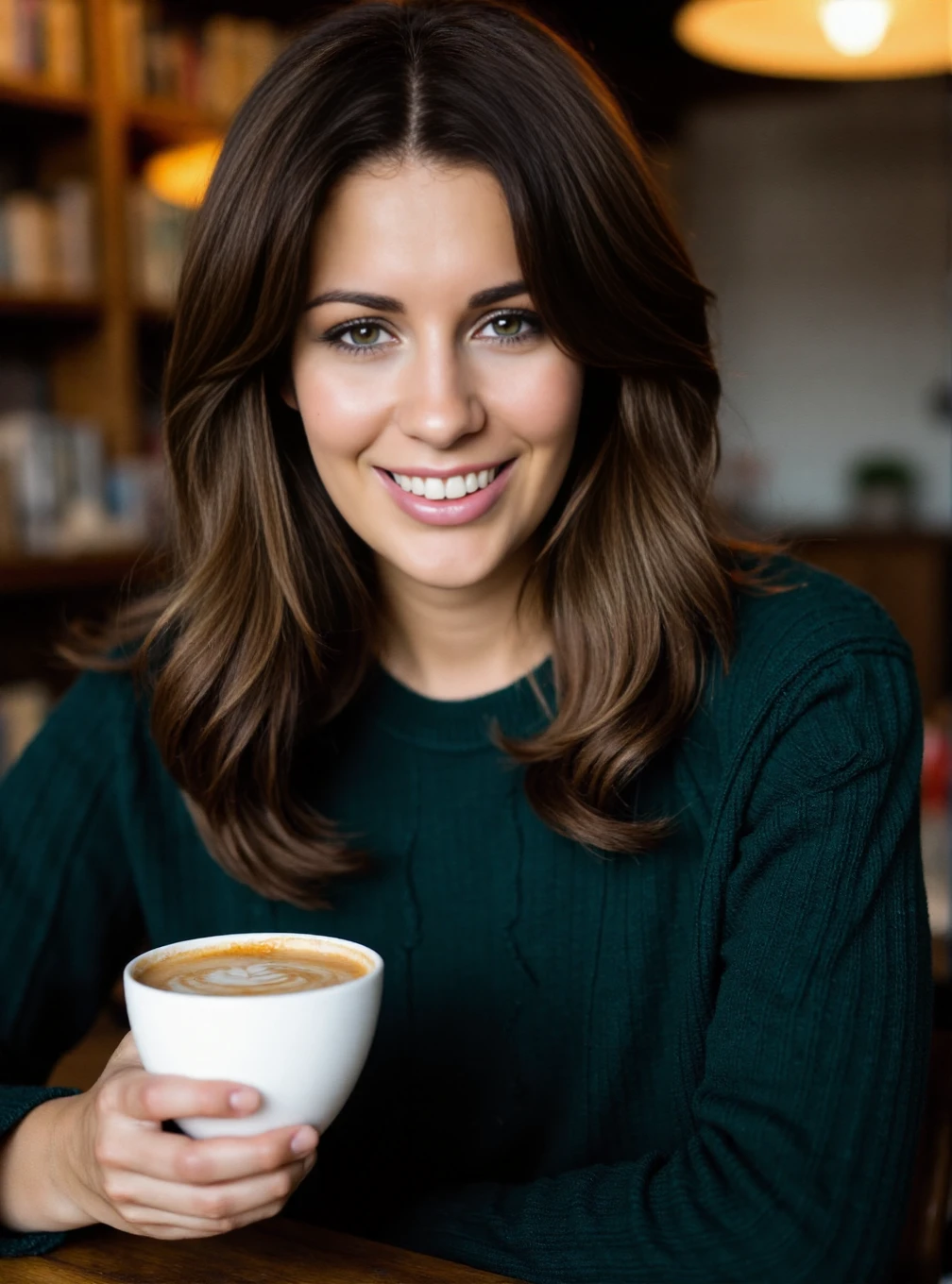 A professional photograph of a 23yo woman Holly_Peers wearing a dark green cableknit sweater in a cafe, holding a latte. Brunette hair, light make-up, detailed skin, bokeh, female focus, (SFW), smile <lora:Holly_Peers:1>