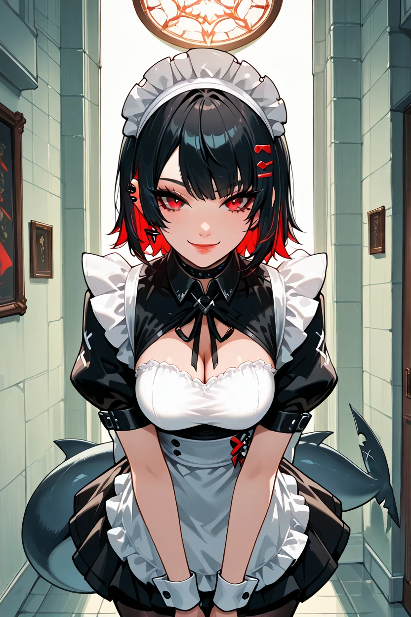 masterpiece, best quality, 1girl, solo, 21 year old model, eyelashes, (beautiful eyes),     ,,, ellen joe, black hair, colored inner hair, multicolored hair, red eyes, red hair, short hair, two-tone hair, apron, black pantyhose, black shirt, black skirt, ear piercing, fins, fish tail, maid, maid apron, maid headdress, pantyhose, piercing, puffy short sleeves, puffy sleeves, shark girl, shark tail, shirt, short sleeves, skirt, tail, two-tone hair, wrist cuffs,  <lora:EllenJoeIXL:1.0>, ,,,solo, (beautiful eyes), beautiful lips, upper body, leaning forward, portrait, smile, looking at viewer, <lora:CyberPerfectionIXL:1.0>,