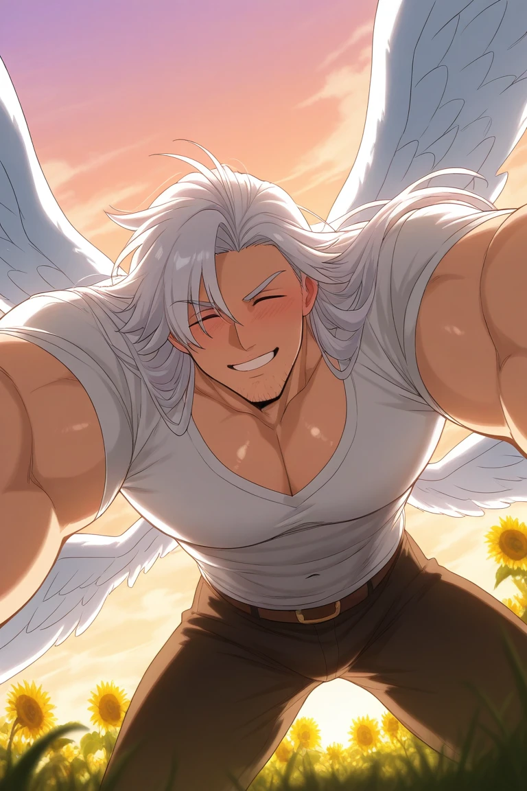 flat color, anime coloring, subsurface scattering, realistic shading, golden hour lighting, spring theme, on top of viewer focus, legs apart, male focus, leaning forward, looking at viewer, cute expressive face, maelnnt, black_maelnnt_stubble, white_maelnnt_long hair, white_maelnnt_multiple angel wings, closed eyes, grin, wide smile, teeth, blushing, manly, 1boy, outstretched arms, oversized arms, navel, spring clothes, shirt, belt, pectoral cleavage, shiny skin, windy, floating clothes, outdoors, cloud, purple-pink gradient sky, sunflower, grass, from below, dutch angle, dynamic angle, bottom-pov, intricately detailed illustration, depth of field, atmospheric perspective, masterpiece, best quality, amazing quality, very aesthetic, absurdres, newest, anime screencap