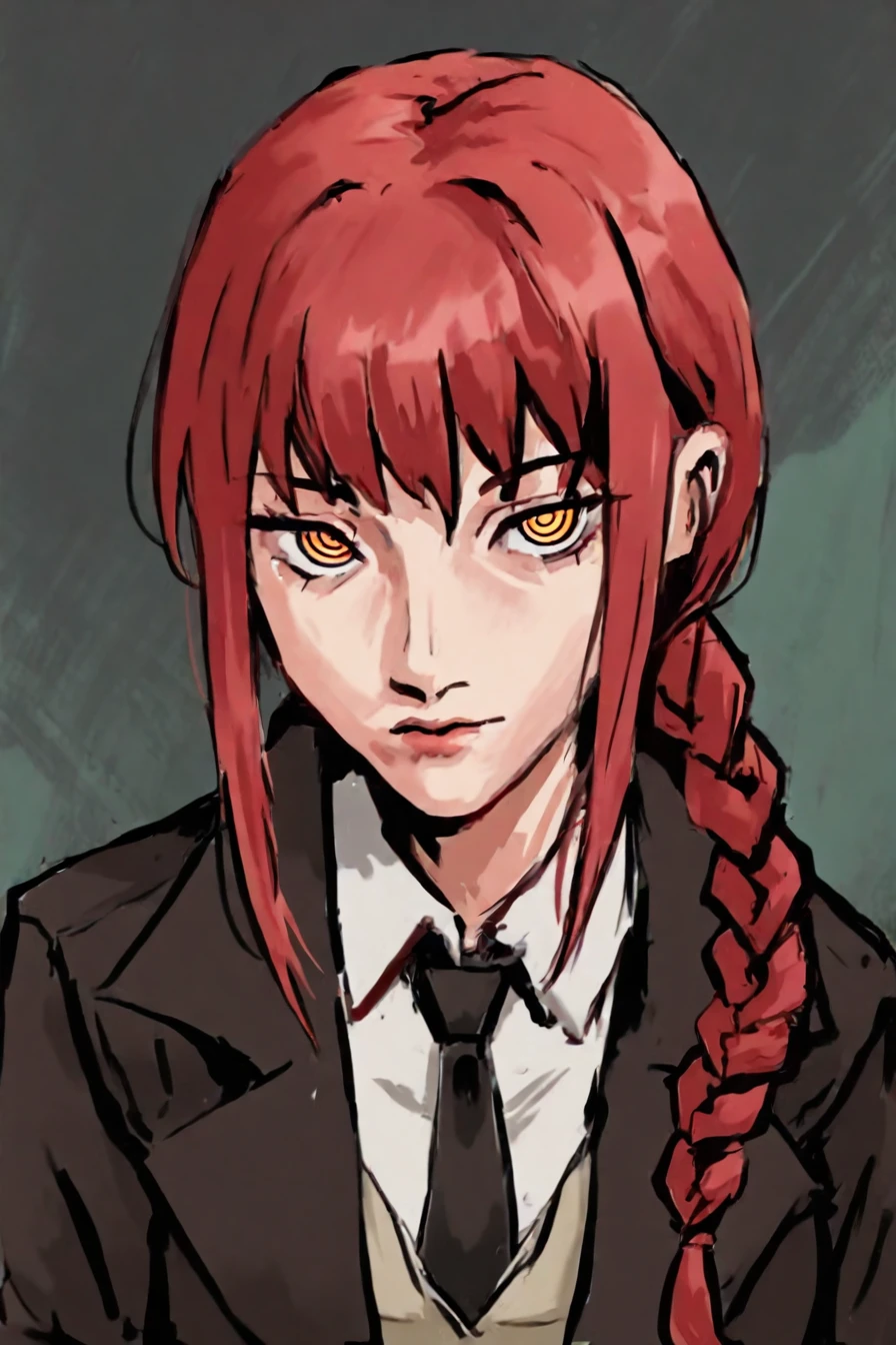 <lora:mak1ma0XL_Pony_v1:0.6> , mak1ma0, makima, red hair, long hair, ringed eyes, braid, white collared shirt,black necktie, black pants, 1girl, solo, alone,<lora:painting_art_illustriousXL-000011:1> , paint_art_style, masterpiece, highres