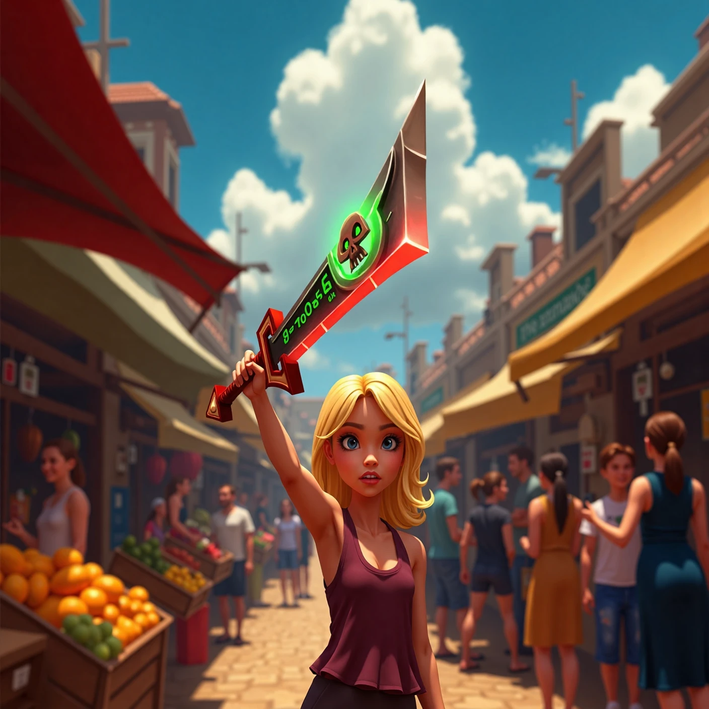 hyperrealistic image of a bustling marketplace, a blonde girl raises 'the corrupted greatsword 8shbr1ng3r' high above her head. The midday sun shines down brightly, reflecting off the blade’s metallic surface, but the glowing green runes and dark skull motif seem to absorb and distort the natural light, creating a faint aura of shadow around her. The vibrant colors of the market stalls—fruits, fabrics, and decorations—contrast sharply with the ominous red glow of the sword. The crowd around her appears startled, their faces lit with the realistic interplay of warm daylight and the weapon’s eerie luminescence. The scene captures the chaotic vibrancy of the marketplace with a striking, photorealistic tension introduced by the cursed blade.