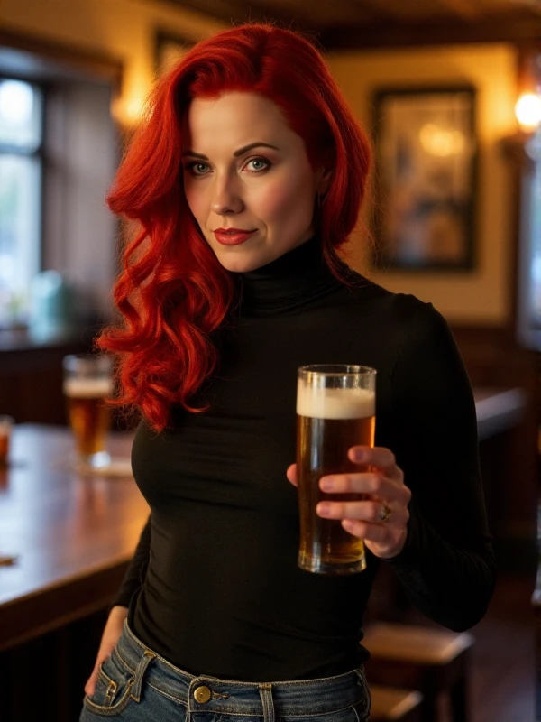 <lora:LucretiaV2:0.9> lucretia, woman with red hair. She wears a turtleneck and jeans in a pub. She holds a beer