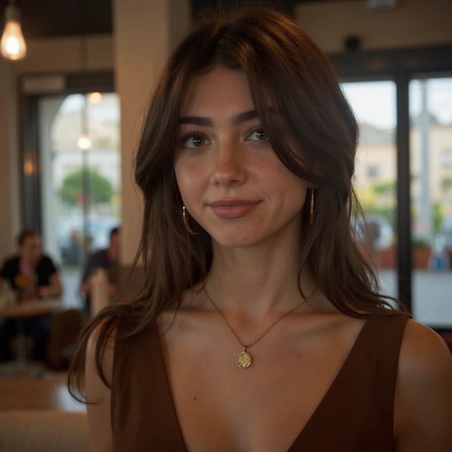 (A cinematic shot of <lora:Eliza_Browne:1> a young woman with a light to medium skin tone. a stunning female model, wavy hair, makeup and mascara. She is wearing a modest brown dress, standing in cafe looking at the viewer)