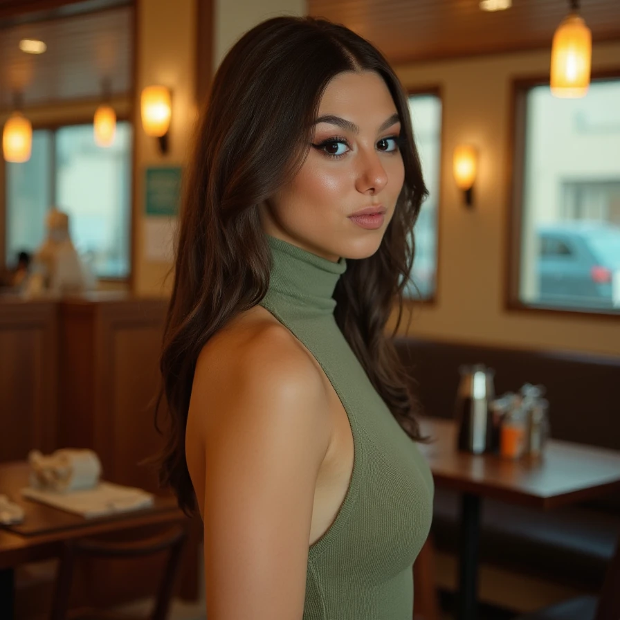 (A cinematic shot of <lora:Kira_Kosarin:1> a young woman with a light to medium skin tone. a stunning female model, wavy hair, makeup and mascara. She is wearing a form fitting turtleneck dress, standing in cafe looking at the viewer)