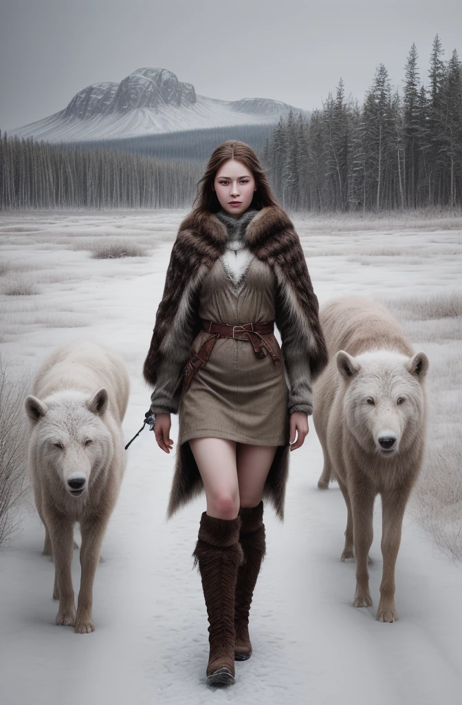 <lora:ParDetRealO:0.72> photorealistic, cinematic, In the silent expanse of the Siberian tundra, a young female hunter stands motionless. Behind her, birch trees with branches coated in glistening frost create a delicate backdrop. The faint morning light softens the icy terrain, casting a serene ambiance that mirrors the hunterâs composed demeanor. The young female hunter is adorned in a dark maroon, fitted tunic embellished with intricate silver threading, covered by a thick, fur-lined coat. Her woolen high-waisted thigh-high stockings in deep brown harmonize with her fur-trimmed boots. With a proud-erect stance, her well-toned physique emanates traditional empowerment, blending with the wild allure of the Siberian 17th-century wilderness. Her frost-kissed skin, rich and bronze, stands out against the snowy expanse, creating a striking contrast in the cold landscape. Her dark, thick hair is braided into a series of tight knots, with fur and beads woven intricately, blending strength with femininity. The design in her hair honors both her heritage and her survival in the unforgiving Siberian wilderness. A pouch of tools hangs from the traditional Siberian huntress belt. A weathered fur cloak billows around her, providing both warmth and protection as she stands against the harsh frosty elements. Behind her, the vast expanse of the Siberian taiga stretches endlessly. Towering, snow-covered pines reach toward the heavens, while a frozen river winds through the landscape, cutting across the snow-covered earth. The distant peaks of the Ural Mountains rise in the background, marking the border of this peaceful yet untamed land. The authenticity of the attire and the rugged beauty of the scene align with Albert Edelfeltâs intimate portrayals, while the cold, vast wilderness recalls the landscape mastery of Isaak Levitan. The attention to detail in the subject's clothing and the surrounding environment channels the spirit of Ivan Kramskoi.