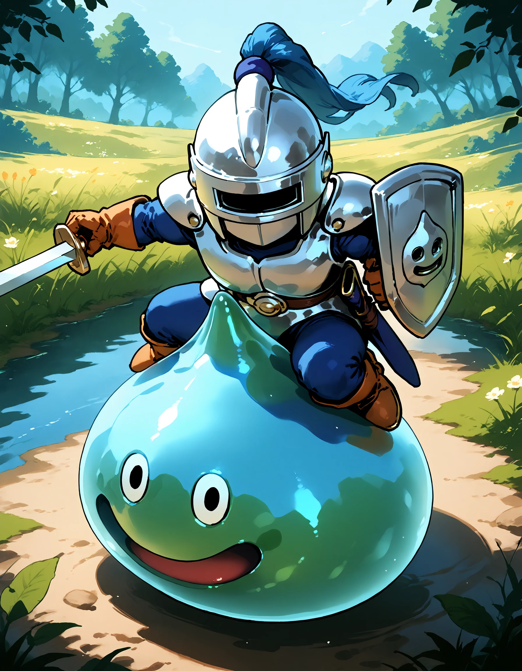 zPDXL3,nature,field,lake,<lora:Pony_DetailV2.0:1>,
slime knight,slime_(dragon_quest),armor,helmet,knight,riding,green skin,<lora:slime knight-v4-pony:0.9>,holding sword,holding shield,fighting stance,incoming attack,v-shaped eyebrows,