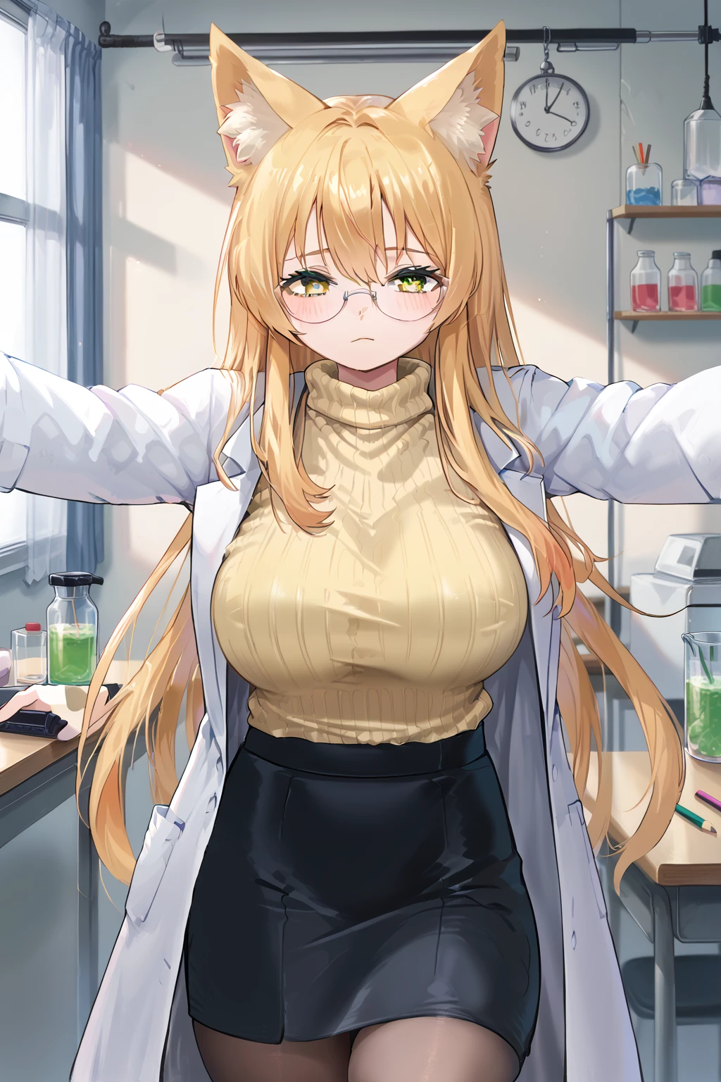 score_9, score_8_up, score_7_up, source_anime, BREAK, blush, indoors, lab, lab coat, glasses, fox ears, closed mouth, green eyes, long hair, large breasts, ribbed sweater, yellow sweater, pencil skirt, black skirt, <lora:Kabedon On Viewer V3 Pony:1.0>, (kabedon on viewer), <lora:Futon7979 V2 Pony:0.6>