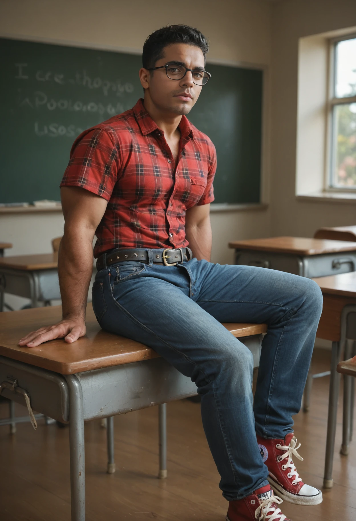 score_9, score_8_up, score_7_up, score_6_up, realistic, photorealistic, highly detailed, <lora:xl_jay_torres-07:1> muscular male latino jayperson, stylish hair, wearing taught short sleeve red plaid shirt and jeans, glasses, belt, converse sneakers, leaning against desk in classroom