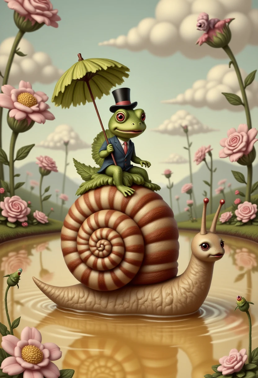 MydenStyle A snail with a shell made of a cinnamon roll, gliding across a shimmering lake of liquid honey. On its back rides a frog wearing a top hat and holding an umbrella made of lettuce. The surrounding landscape is surreal and dreamlikeâgiant flowers made of frosting tower over the scene, and the lake reflects a sky filled with fluffy, pastel clouds shaped like animals.