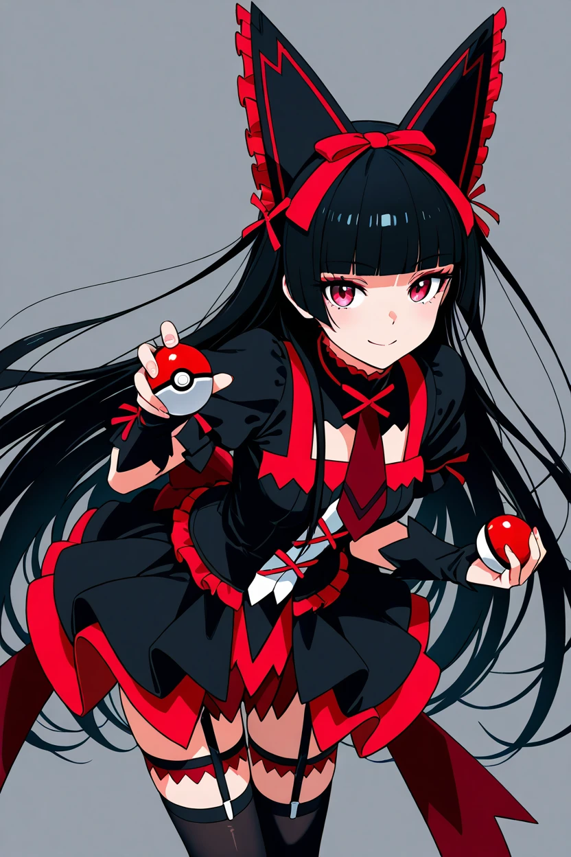 masterpiece, best quality, 1girl, solo, 21 year old model, eyelashes, (beautiful eyes),     ,,, zzRory, rory mercury, red eyes, long hair, black hair, blunt bangs, hime cut, very long hair, hair ribbon, black dress, black thighhighs, garter straps, bow, <lora:RoryMercuryIXL_v3:1.0>,(holding pokeball), dynamic pose, cowboy shot, leaning forward, smile, looking at viewer, shiny skin,