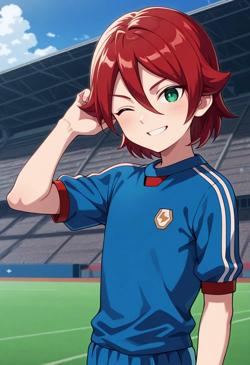 masterpiece, best quality, 
hiroto, 1boy, male focus, solo, red hair, hair between eyes, green eyes, sportwear,soccer uniform, inazuma japan soccer uniform, shirt, light blue shirt, short sleeves, smile, one eye closed, grin,
outdoor,