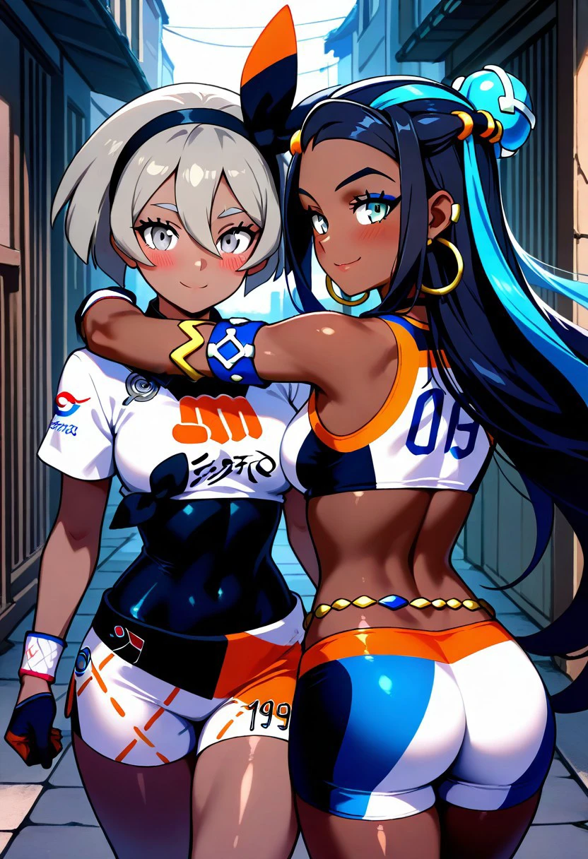 masterpiece, best quality, 21 year old model, eyelashes, (beautiful eyes),     ,,,2girls,  zzBea, grey eyes, grey hair, short hair, hair between eyes, black hairband, dark-skinned female, crop top, print shirt, , shorts, single glove, zzNessa, dark skin, makeup, single hair bun, crop top, single glove, spandex shorts, hoop earrings, belly chain, armlet, wristband,  smile,  smile, looking at viewer, shiny skin,
walking, close together, arms around shoulders, blouse, skirt, dress, rear view, highly detailed, intricate, zzCitronLegacy, alley, village, blush, smile,