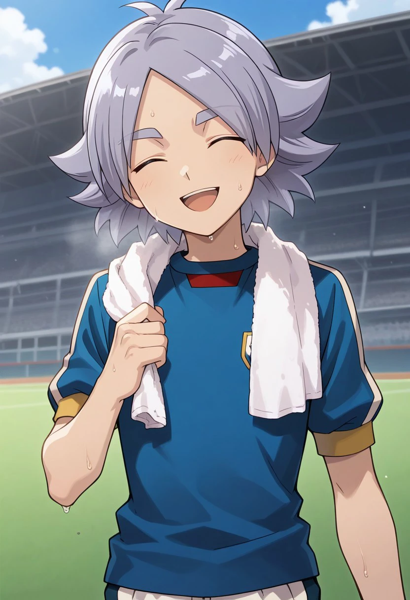 masterpiece, best quality, 
fubukishirou, male focus, solo, grey hair, parted bangs, closed eyes, sportwear, soccer uniform, inazuma japan soccer uniform, shirt, light blue shirt, short sleeves, smile, open mouth, towel around neck, sweat,
outdoor,