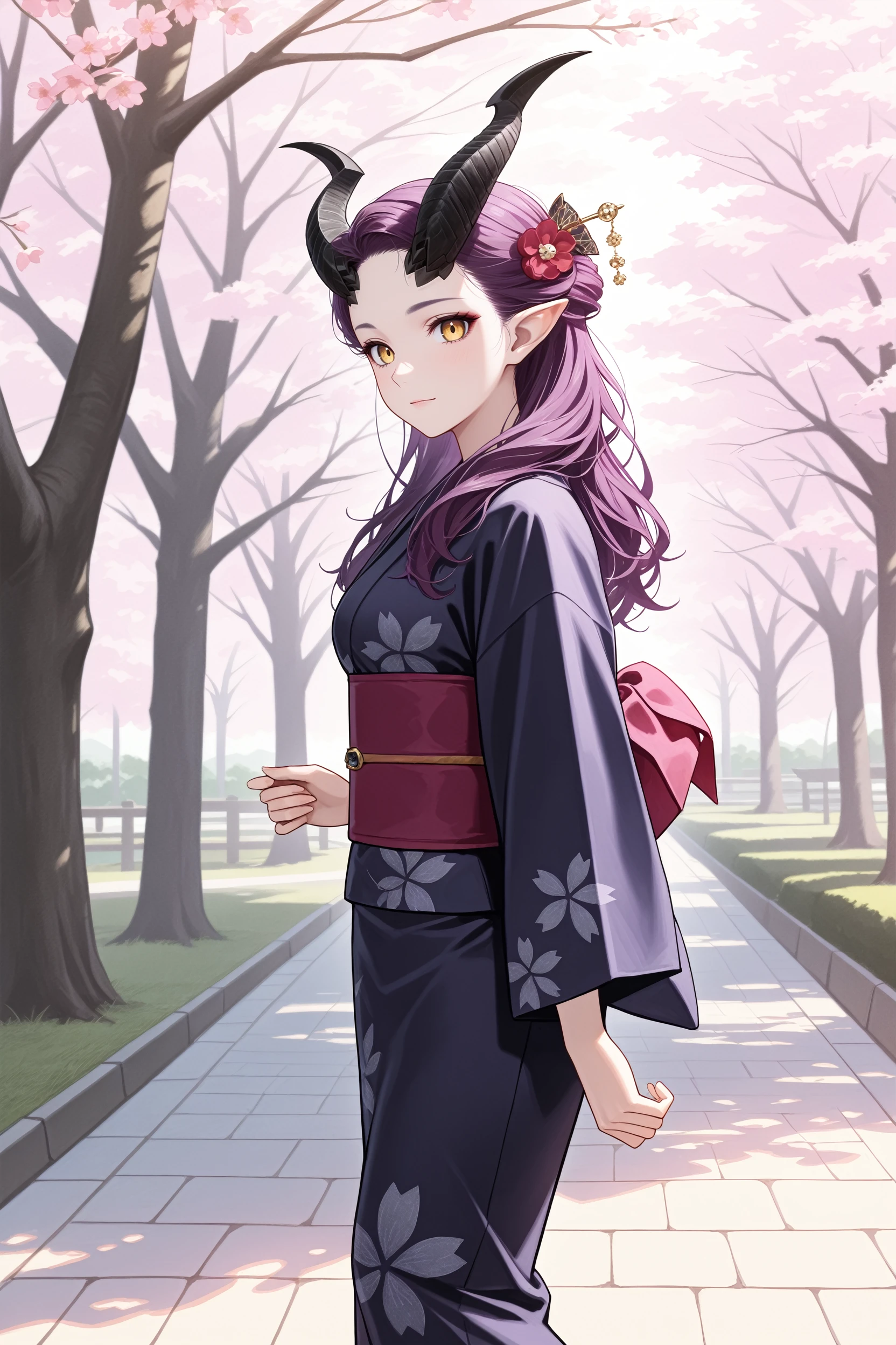 masterpiece, best quality, absurdres,
<lora:BGAlfira:1.0>
BGAlfira, 1girl, demon horns, purple hair, long hair, pointy ears, looking at viewer, walking in a serene Japanese park with cherry blossoms, yukata, and a hair ornament
