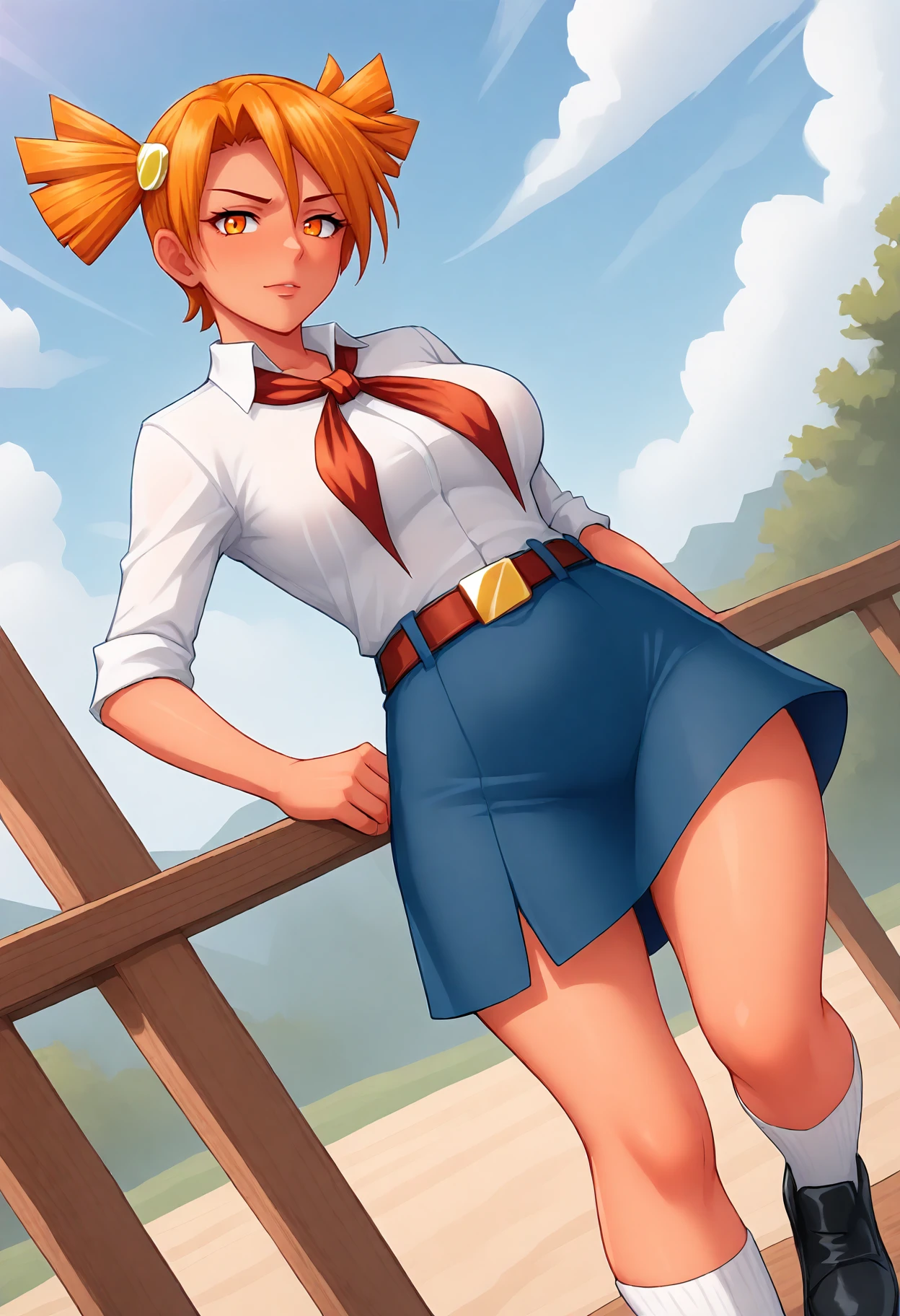 <lora:DvacheIll_2+-000009:1>
(perfect quality, best quality, absolutely eye-catching, masterpiece, absurdres, newest) BREAK
1girl, solo, dutch angle, looking at viewer, medium breasts,
DvacheIll, orange hair,orange eyes,short twintails,hair ornament,
White collared shirt, red neckerchief, blue skirt, belt, white socks, belt buckle, black shoes, medium breasts, (curvy, thick thighs:0.8), pioneer movement,
blue sky,cloud, sky,