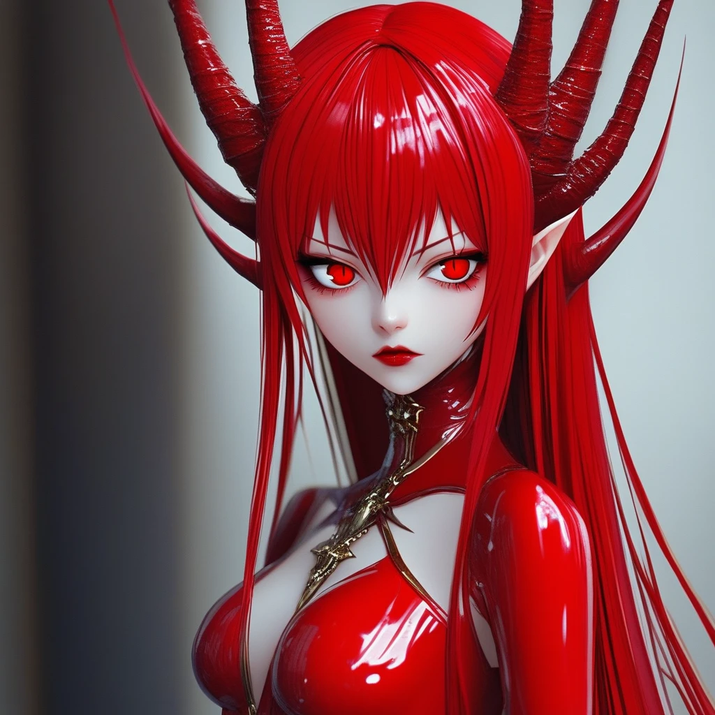 Zerakamb, 1girl, solo, red eyes, red hair, long hair, horns, red suit, latex suit,