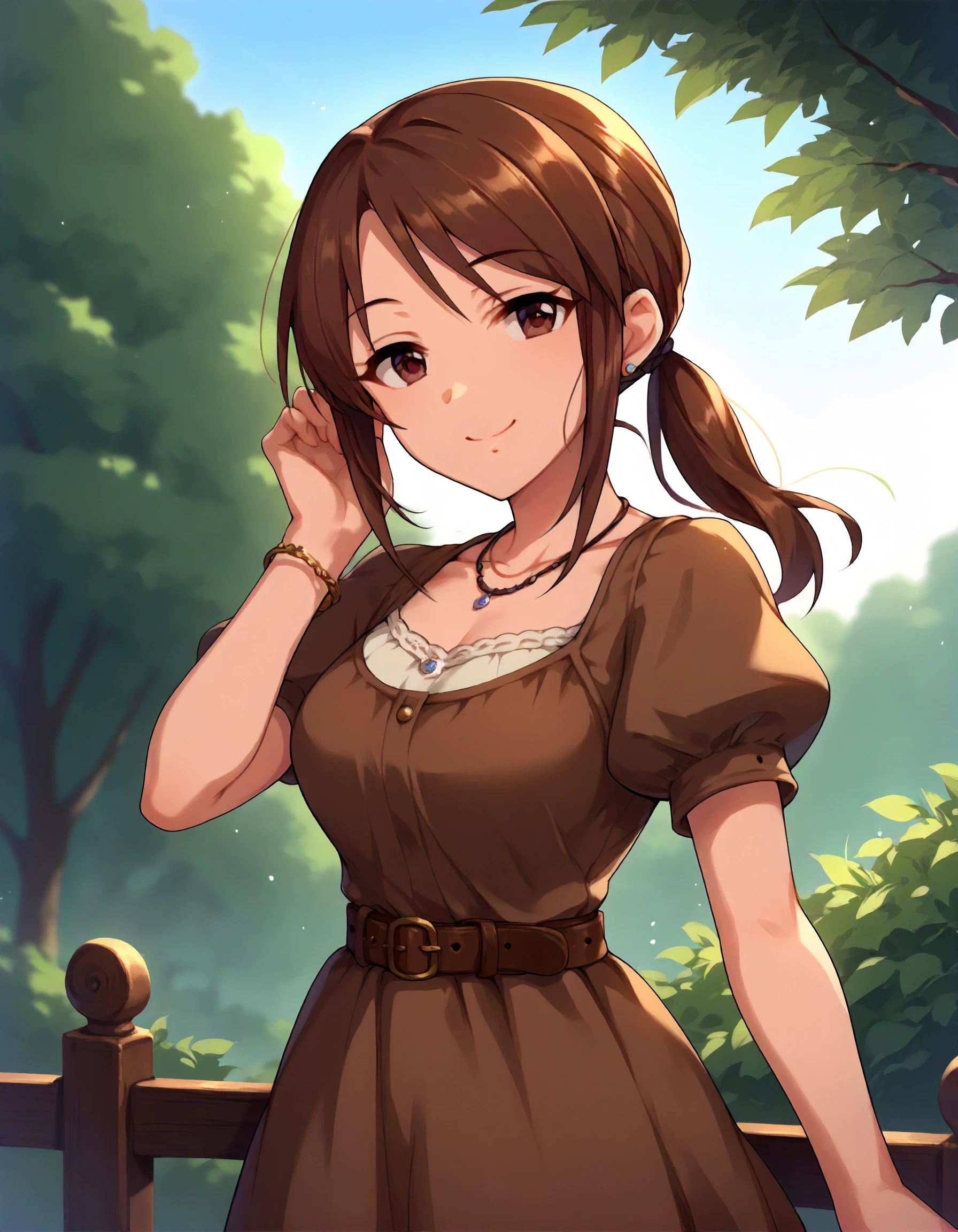 score_9,score_8_up,score_7_up,1girl,solo,cowboy shot,looking at viewer,smile,closed mouth,outdoors,
<lora:mifunemiyu_ponyXLV6:0.8>,cgmfm,
brown hair,sidelocks,low ponytail,brown eyes,
necklace,brown dress,puffy short sleeves,belt