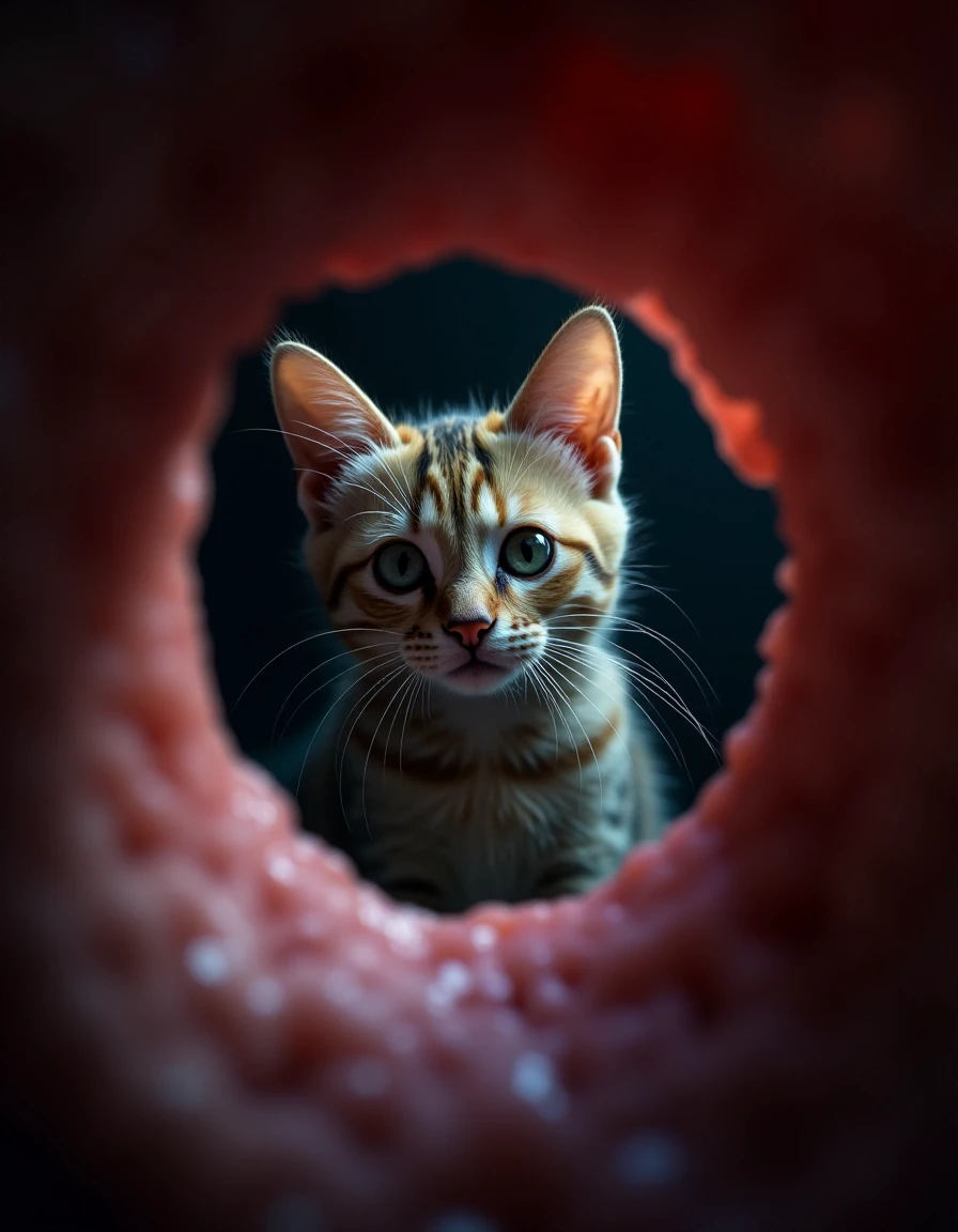 Viewed through a dark fleshy hole. Close-up photo of a cat through a fleshy oval-shaped tube made of pink flesh at the viewer. The photo is cinematic and mysterious. The portrait gives a viewer a feeling of ecstasy and arousal. 