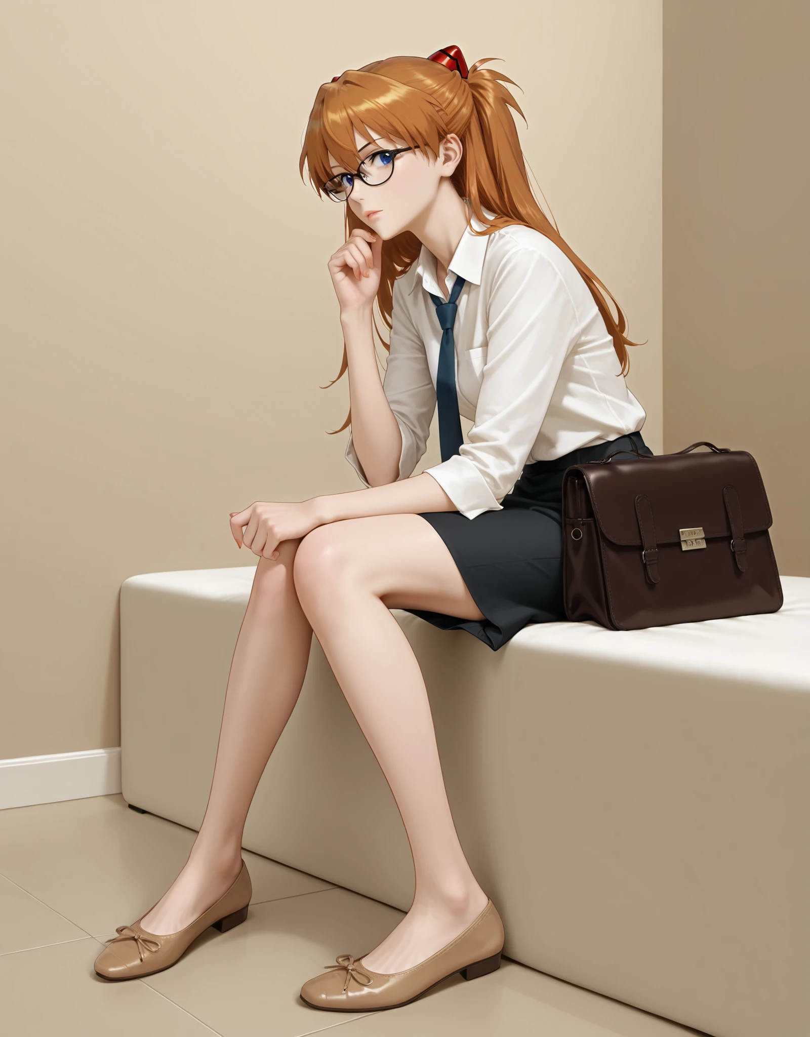 masterpiece,best quality,very aesthetic,zPDXL,1girl,indoor,<lora:flatshoes-000019:0.6>,balletshoesXL1,brown footwear,souryuu asuka langley,flat_shoes,sitting,(realistic:0.6),office lady,skindentation,skinny,necktie,black-framed eyewear,messenger bag,coffee in hand,