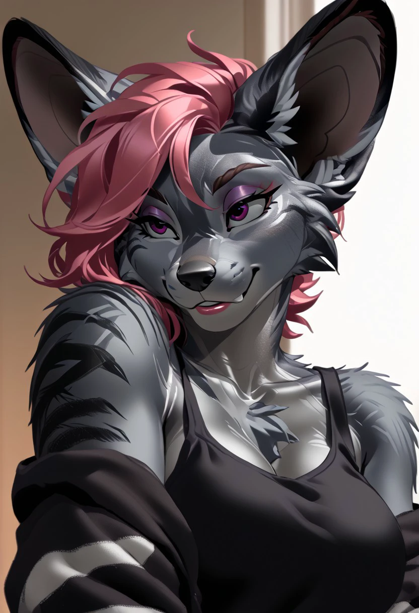 score_9, score_8_up, score_7_up, (by kittydee:1.5), (by jailbird:1.5), (by zummeng:1.5), masterpiece, best quality,   
(Furry Art: Anthro: Bat-eared Fox:1.5), 1girl, expressive eyes, feminine eyes, perfect face, feminine face, exotic fox, (big ears:1), multicolored fur, dark fur, black and gray fur, black fur on limbs, pink hair, pixie cut hair, medium breasts, punk tank top, piercings,