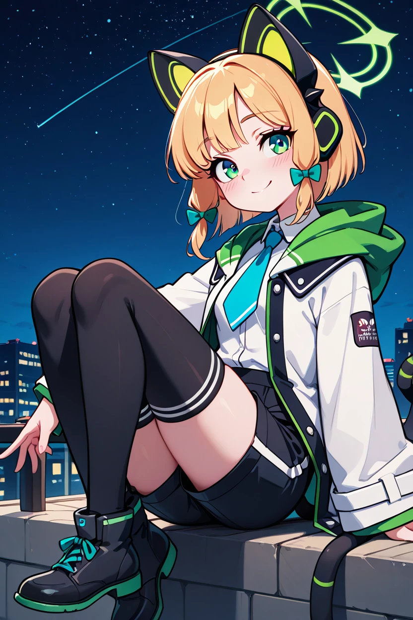 masterpiece, best quality, 1girl, solo, 21 year old model, eyelashes, (beautiful eyes),     ,,, zzMidori, solo, blonde hair, short hair, green eyes, hair bow, tail, animal ears, fake animal ears, animal ear headphones, headphones, cat ear headphones, halo, hair bow, green halo, tail, cat tail, green bow, black thighhighs, blue necktie, collared shirt, long sleeves, white jacket, white shirt, black shorts, blush, black footwear, open jacket, hood, wide sleeves ,<lora:MidoriBlueArchiveIXL:1.0>,,,  smile, looking at viewer, stars, night, luminescent background, <lora:GoldenCATLoraIXL:0.8>, <lora:princess_xl_v2:0.3>,