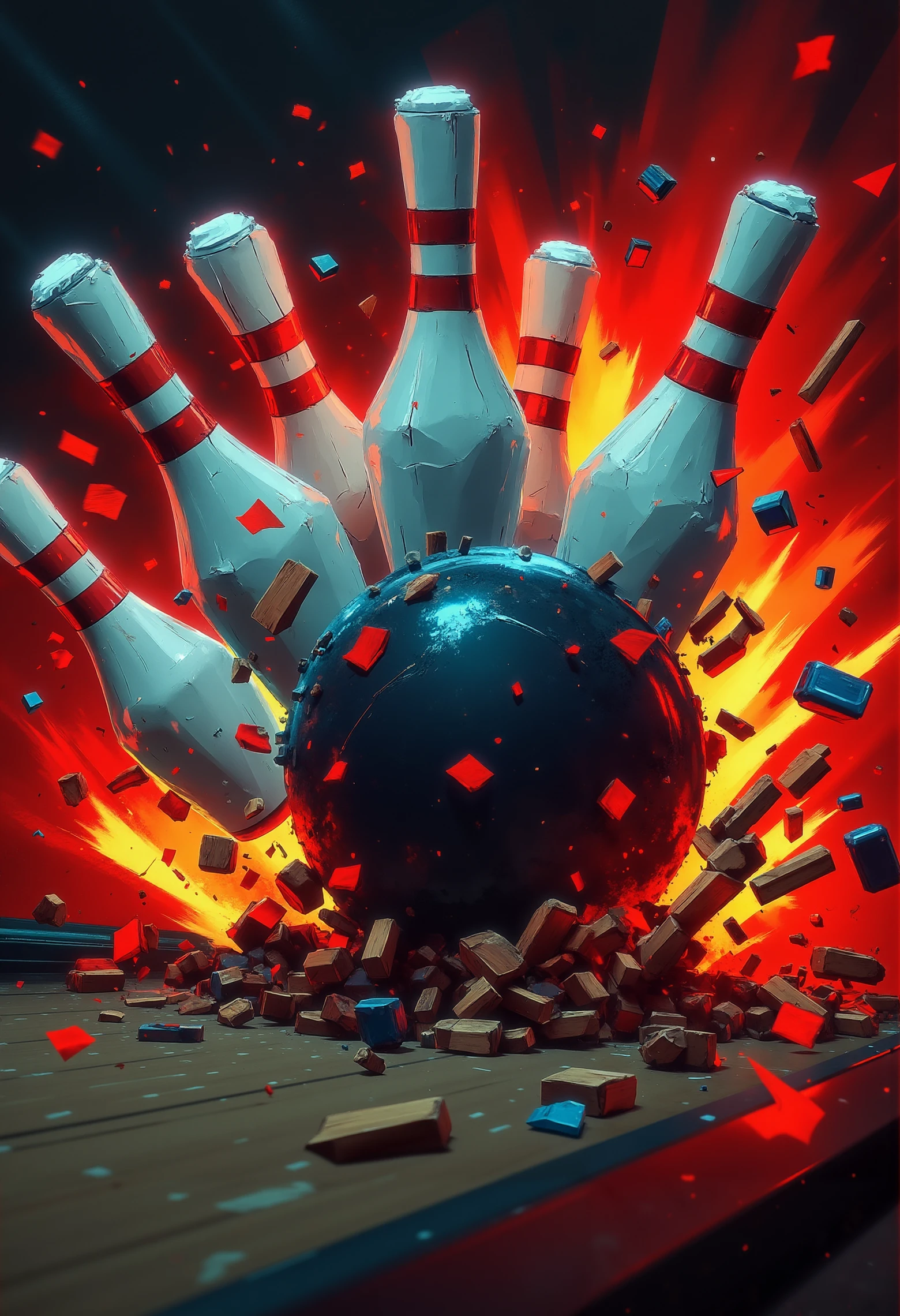 pst009, Close-up view of a dramatic impact moment in a bowling alley, showing bowling pins being powerfully smashed and scattered by a heavy bowling ball. The scene captures the dynamic motion, with some pins mid-air and others spinning. The bowling ball, dark and shiny, is in motion, with visible impact marks and scratches. Dust and tiny wooden debris are flying off the floor, emphasizing the force of the collision. The lighting highlights the shiny surfaces of the pins and the ball, with a shallow depth of field focusing on the action