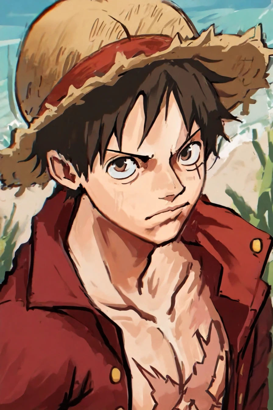 <lora:LUFFY_pony_XL:0.6>, Luffy, red jacket, scar on chest, straw hat, black hair, 1boy, solo, alone,<lora:painting_art_illustriousXL-000011:1> , paint_art_style, masterpiece, highres