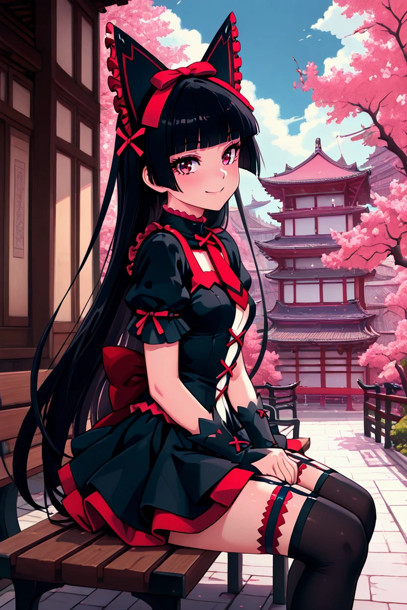 masterpiece, best quality, 1girl, solo, 21 year old model, eyelashes, (beautiful eyes),     ,,, zzRory, rory mercury, red eyes, long hair, black hair, blunt bangs, hime cut, very long hair, hair ribbon, black dress, black thighhighs, garter straps, bow, <lora:RoryMercuryIXL_v3:1.0>,,,,sitting on bench, side view, looking at viewer solo, smile, pnkBldng, sky, day, cloud, tree, blue sky, building, architecture, east asian architecture,  <lora:PinkBuildingIXL_v2:1.0>,