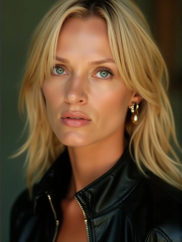 <lora:Beatrix Kiddo:0.9> beatrix kiddo,blond woman, she wears a leather jacket . Closeup face portrait