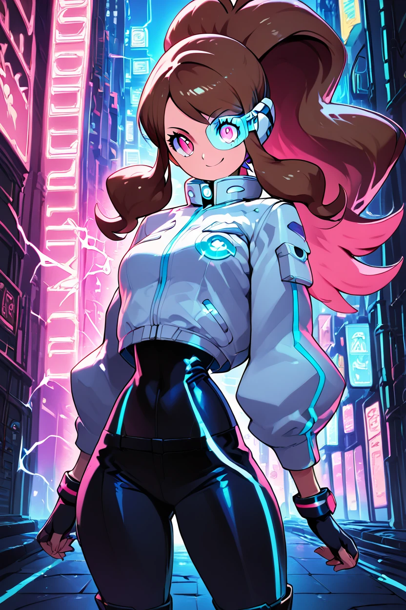 score_9, score_8_up, score_8, medium breasts, (curvy), cute, eyelashes,       ,,, ,  zzHildaLuxCitron, pink eyes, brown hair, high ponytail, long hair, multicolored hair, pink hair, ponytail, sidelocks,  white jacket, long sleeves, shiny, pants, black gloves, cyberpunk, scouter,  <lora:HildaLuxVoltPDXL:1>,  , BREAK, wide hips, smile, looking at viewer, cowboy shot, ,,, embedding:zPDXL, Expressiveh, ,,, <lora:SweetCAT_PDXL:1.0>, <lora:SDXLFaeTastic2400:0.5>, <lora:Expressive_H-000001:0.4>,