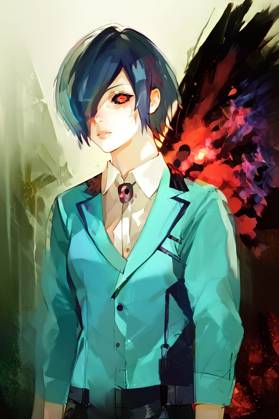 score_9, score_8_up, score_7_up, score_6_up, score_5_up, score_4_up, <lora:tokyoghoul_kirishima_ponyXL:0.8> kirishima touka, blue hair, hair over one eye, blue jacket, long sleeves, white shirt, collared shirt, black shorts, 1girl, <lora:sui_ishida_style_Pony:1>, sui_Ishida_style, solo, alone, standing, looking at the viewer, masterpiece, highres, <lora:UkakuPony:0.95>, kakugan, red eyes, black sclera, kagune on back, gradient kagun