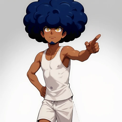 Digital drawing of NOSkatch, a muscular young man with dark brown skin, wearing a white tank top and white shorts, with a large blue afro and bright yellow eyes. He is pointing forward with a confident expression. The background is a gradient of gray and white. The art style is anime-inspired with bold outlines and vibrant colors. NOSkatch has a playful and energetic demeanor.