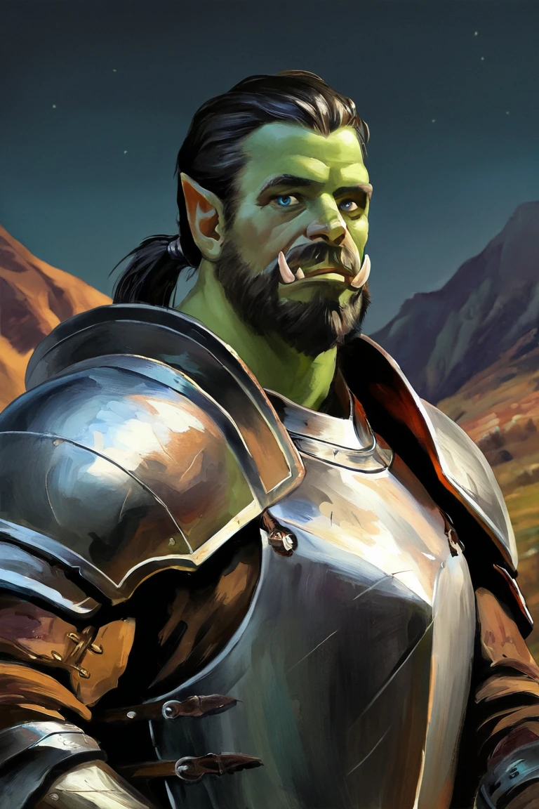 masterpiece, best quality, highres, newest, painterly, faux traditional media, realistic, 1boy, solo, male focus, mature male, orc, colored skin, green skin, tusks, blue eyes, medium hair, black hair, hair slicked back, ponytail, facial hair, beard, mustache, looking at viewer, full armor, shoulder armor, breastplate, pauldrons, upper body, closed mouth, standing, outdoors, mountain, night, night sky, dark background <lora:Faux Painting [LoRA] - NoobAI-XL EPS 1.0:0.8>