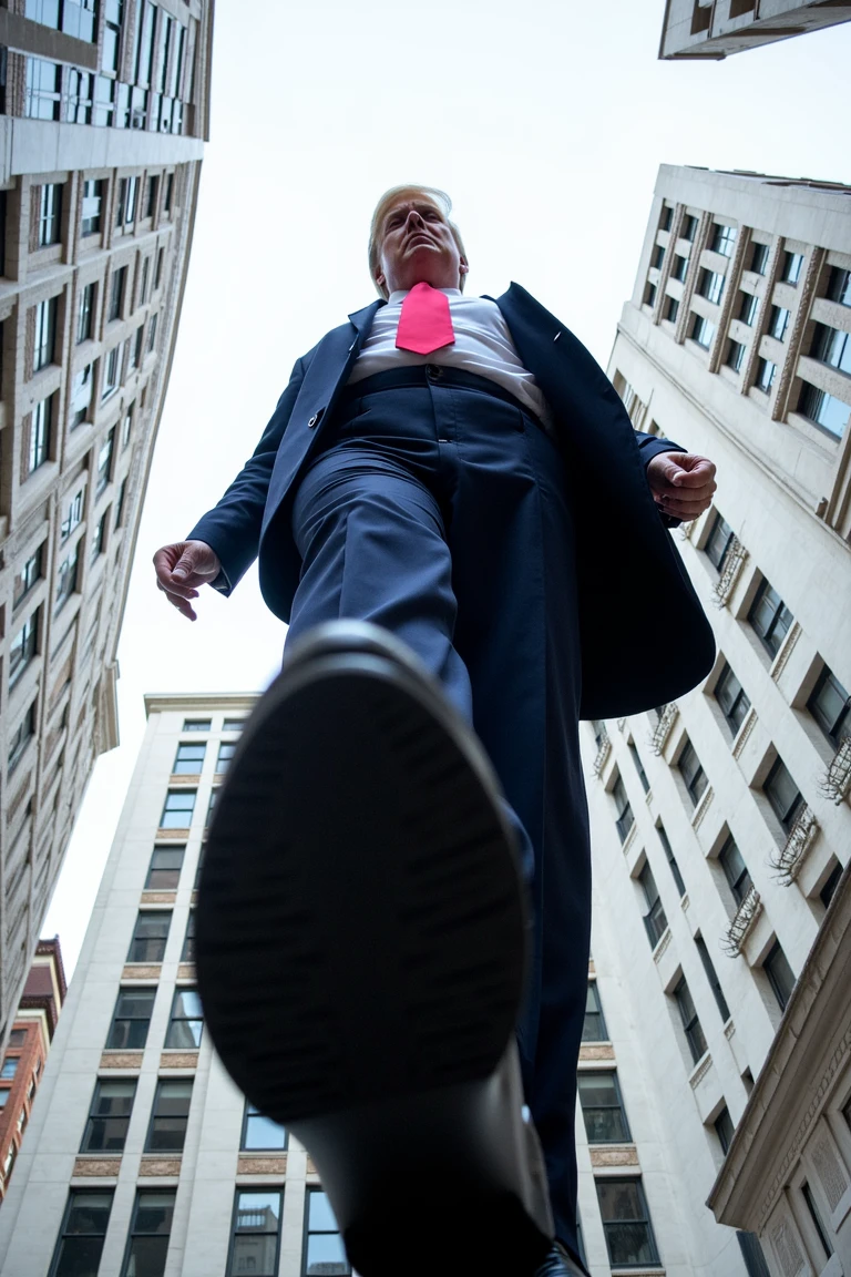 view straight up, POV stepped on, large foot, Donald Trump viewed from below