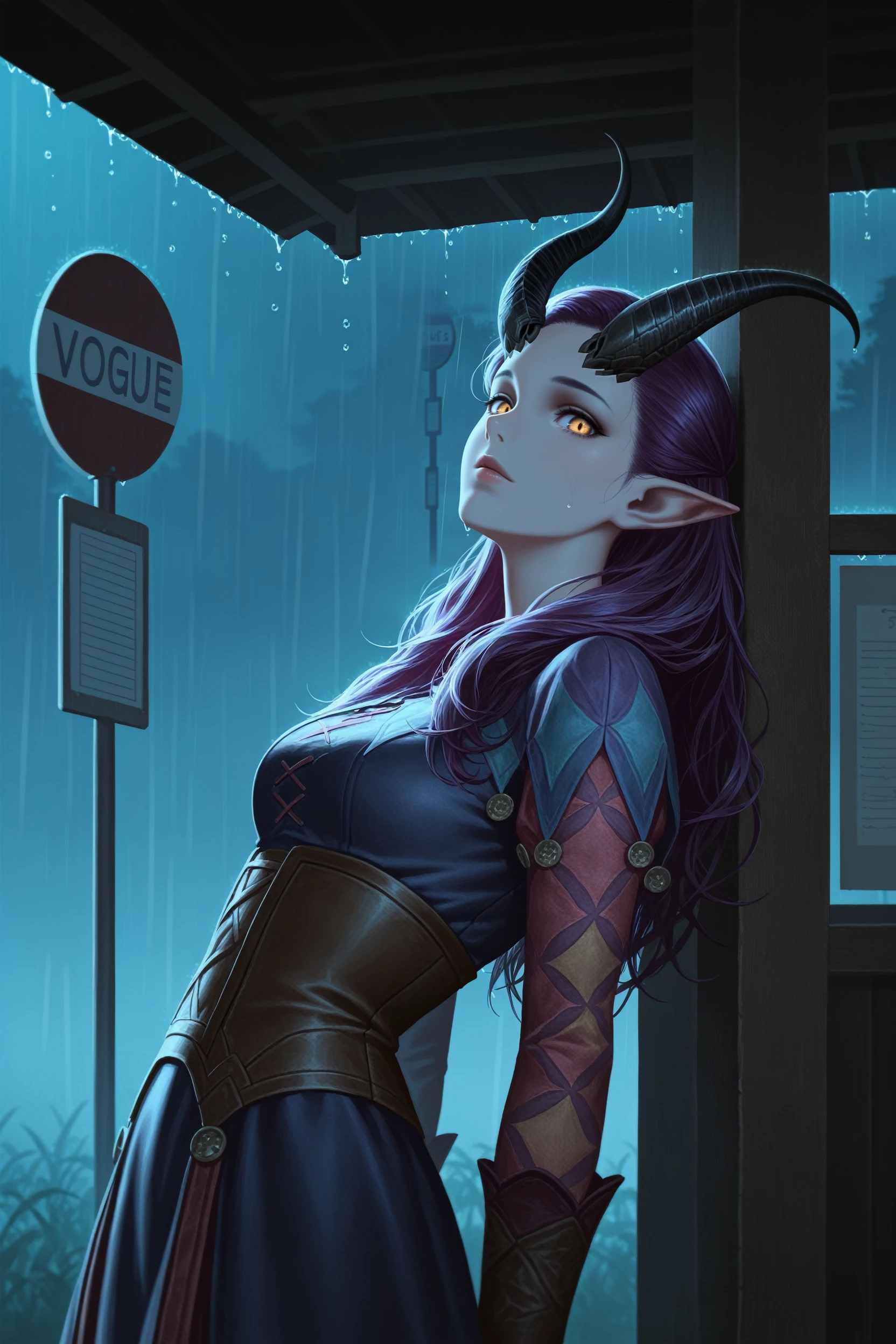 masterpiece, best quality, absurdres,
<lora:BGAlfira:1.0>
BGAlfira, 1girl, demon horns, purple hair, long hair, pointy ears, looking at viewer, bus stop,night,rain, leaning back, dynamic lighting, modern, vogue