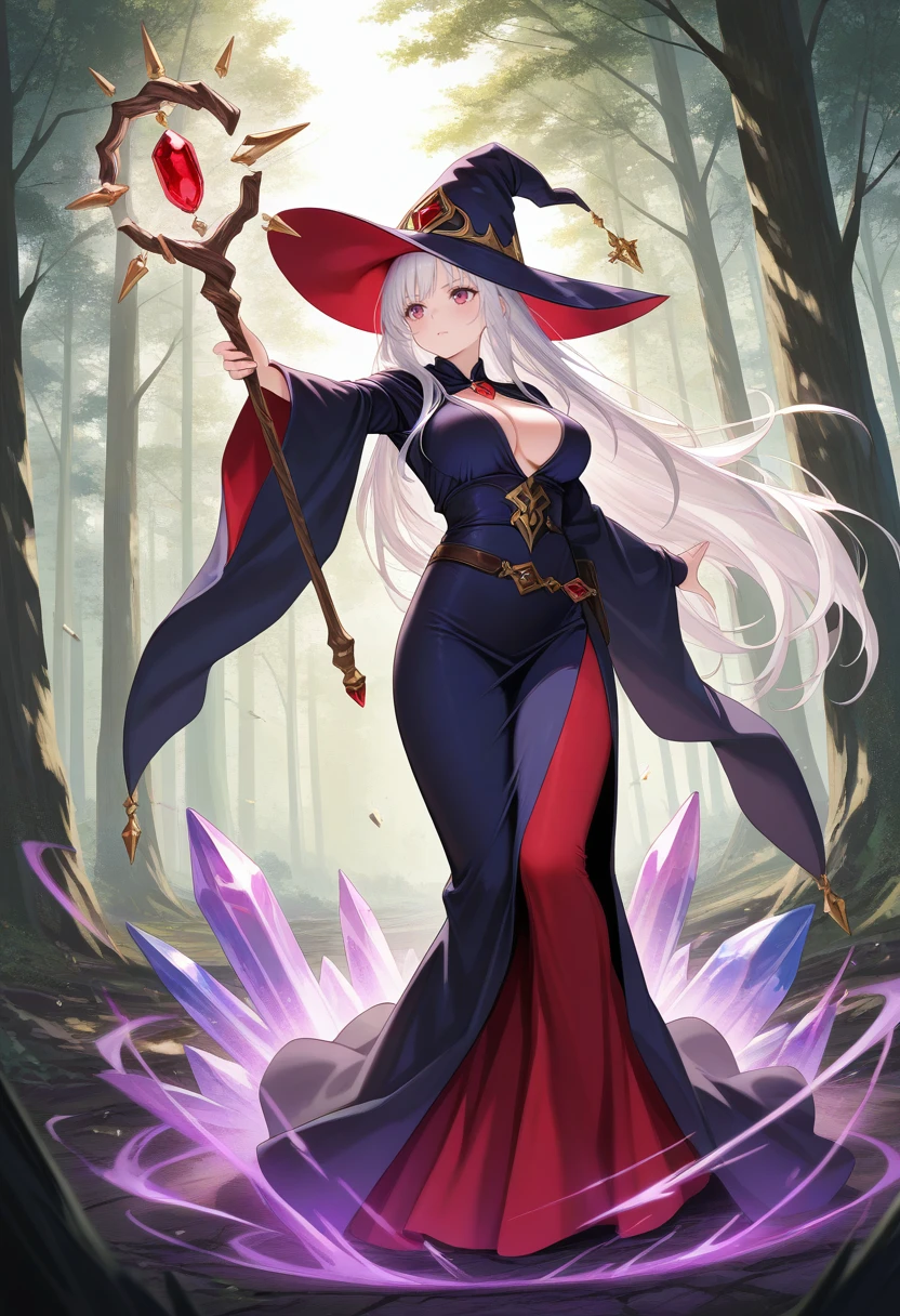 geokinesis,1girl, solo,large breasts,day,outdoors,forest,white hair,red eyes, bangs, purple eyes,very long hair, bangs,witch,witch hat,robe,skirt,magic,((holding_staff)),wand, dynamic pose,((gem,red gemstone,crystal,flying_gems)),debris,<lora:geokinesis_v1_illustrious_b:.8>, masterpiece, best quality amazing quality very aesthetic high resolution ultra detailed absurdres, newest