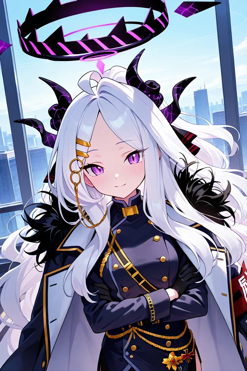 masterpiece, best quality, 1girl, solo, 21 year old model, eyelashes, (beautiful eyes),     ,,, zzHina, purple eyes, long hair, hair ornament, white hair, horns, hina (blue archive), ahoge, halo, multiple horns, parted bangs, skirt, long sleeves, hairclip, black skirt, coat, coat on shoulders, fur trim, black gloves, <lora:HinaBlueArchiveIXL:1.0>, upper body, smile, looking at viewer, shiny skin,