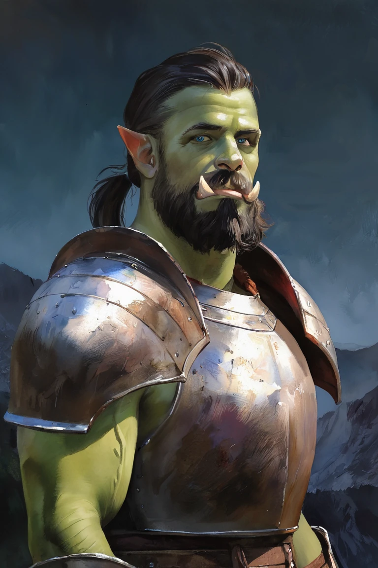 masterpiece, best quality, highres, newest, watercolor \(medium\), traditional media, realistic, 1boy, solo, male focus, mature male, orc, colored skin, green skin, tusks, blue eyes, medium hair, black hair, hair slicked back, ponytail, facial hair, beard, mustache, looking at viewer, full armor, shoulder armor, breastplate, pauldrons, upper body, closed mouth, standing, outdoors, mountain, night, night sky, dark background <lora:Watercolor Realistic [LoRA] - NoobAI-XL EPS 1.0:0.8>