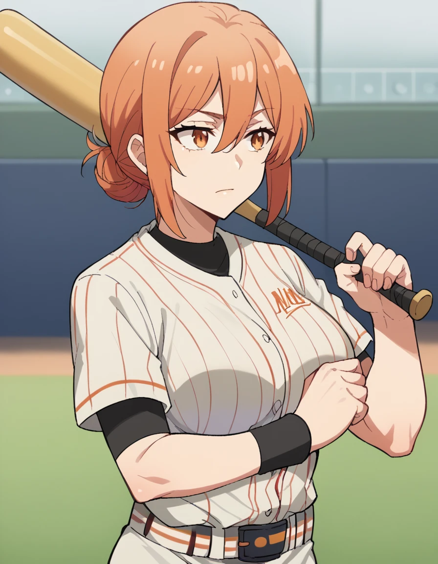 score_9, score_8_up, score_7_up, source_anime, <lora:mother-yuigahama-s2s3-ponyxl-lora-nochekaiser:1>, yuigahamama, hair bun, mature female, orange eyes, orange hair, short hair, single hair bun, hair between eyes, sidelocks, large breasts, <lora:baseball-uniform-ponyxl-lora-nochekaiser:1> baseball uniform, baseball, striped belt, shirt under shirt, sportswear, ribbed shirt, baseball helmet, baseball bat, baseball jersey, baseball field, holding baseball bat,, , cowboy shot,