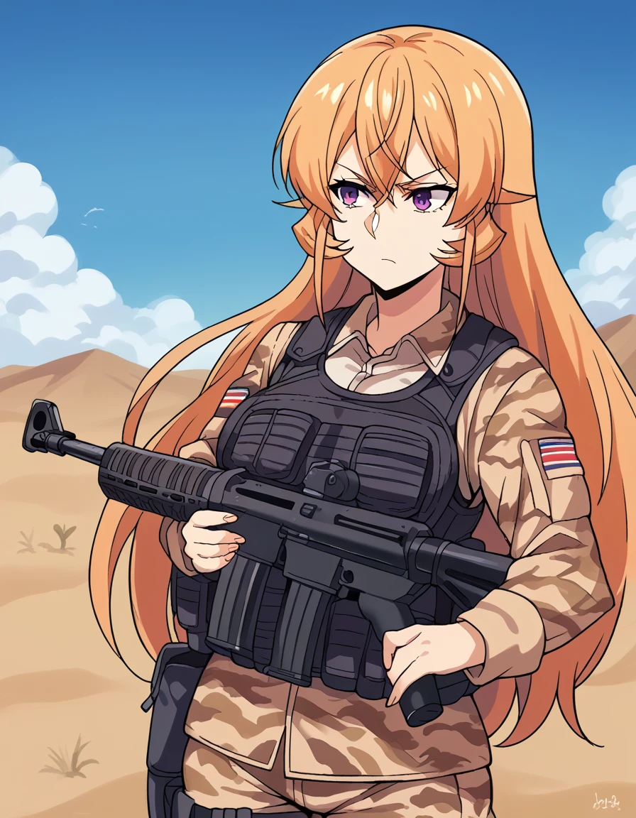 score_9, score_8_up, score_7_up, source_anime, <lora:erina-nakiri-s1-ponyxl-lora-nochekaiser:1>, erina nakiri, long hair, orange hair, purple eyes, hair between eyes, large breasts, <lora:military-combat-uniform-ponyxl-lora-nochekaiser:1> military combat uniform, camouflage jacket, camouflage, load bearing best, camouflage pants, soldier, bulletproof vest, combat helmet, assault rifle, rifle,, desert, sun, blue sky,, cowboy shot,