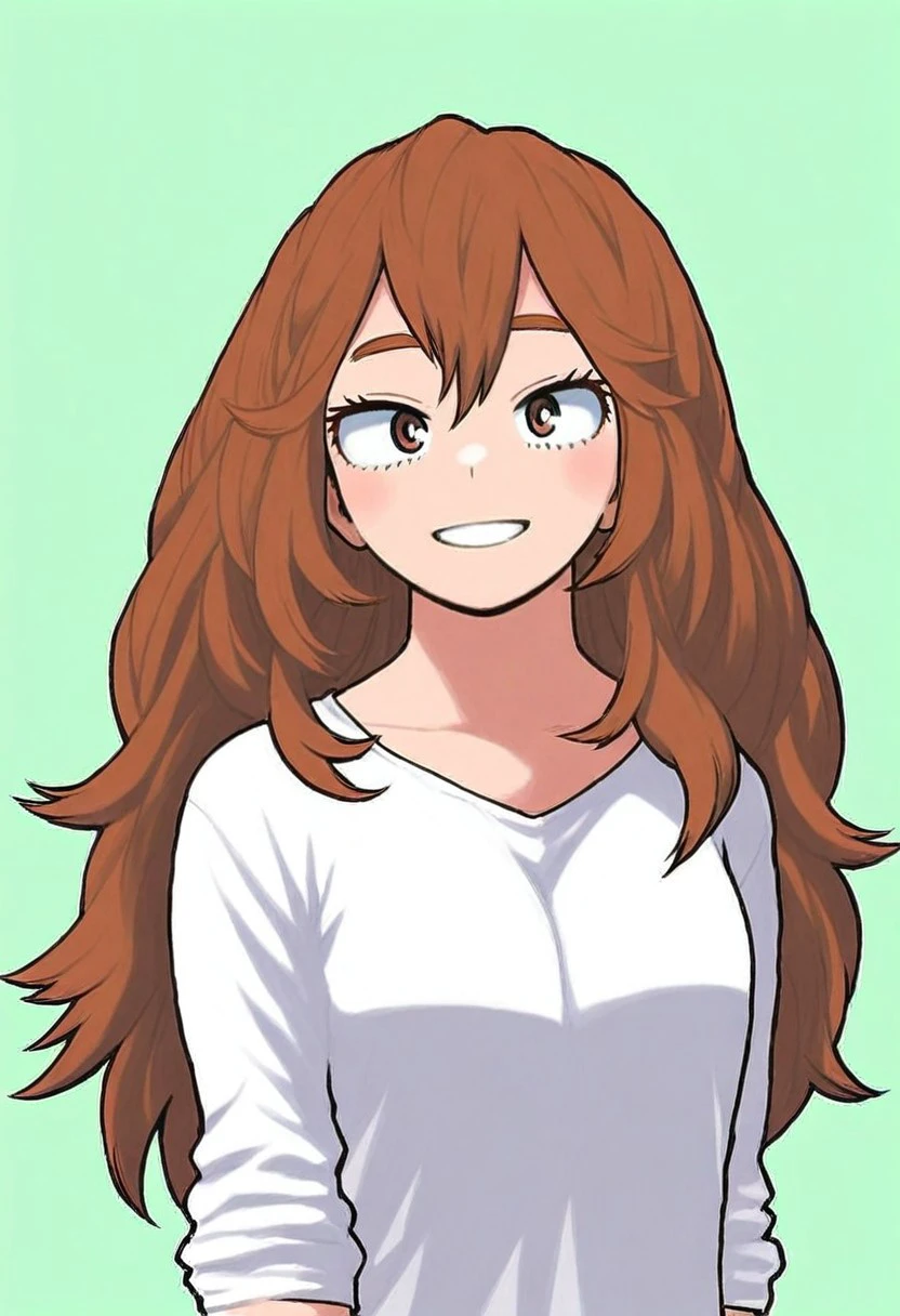 score_9, score_8_up, score_7_up, source_anime, solo, 1girl, brown hair, long hair, brown eyes, white shirt, smile, half body, looking at viewer, standing, light green background, Kohei Horikoshi, My Hero Academia, thick lineart, no pose