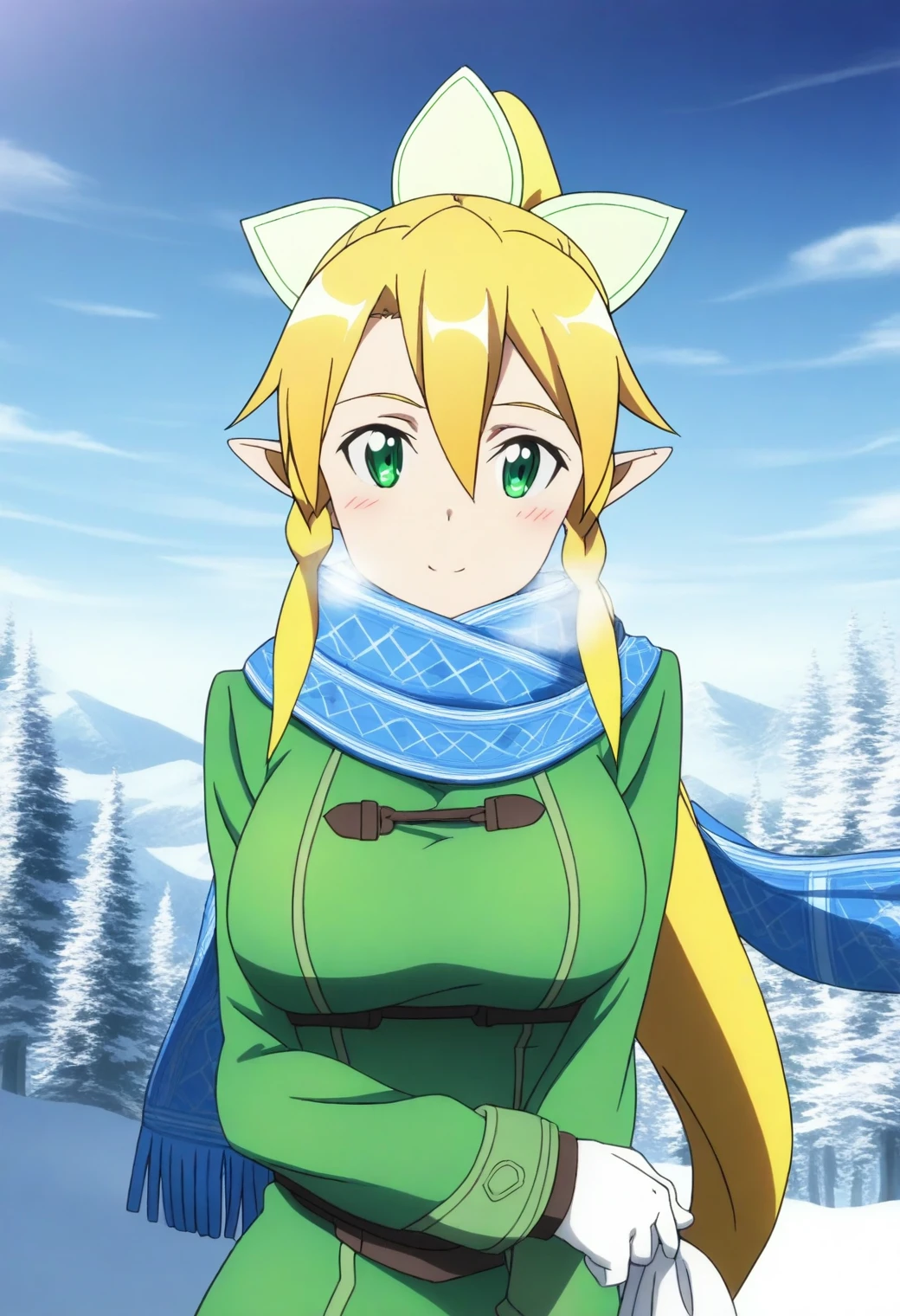 <lora:Leafa - [Sword Art Online] - illustriousXL v1:1>, sysdeep_leafa, blonde hair, long hair, green eyes, snowy forest, coat and scarf, holding gloves, exhaling warm breath, snowfall, anime coloring