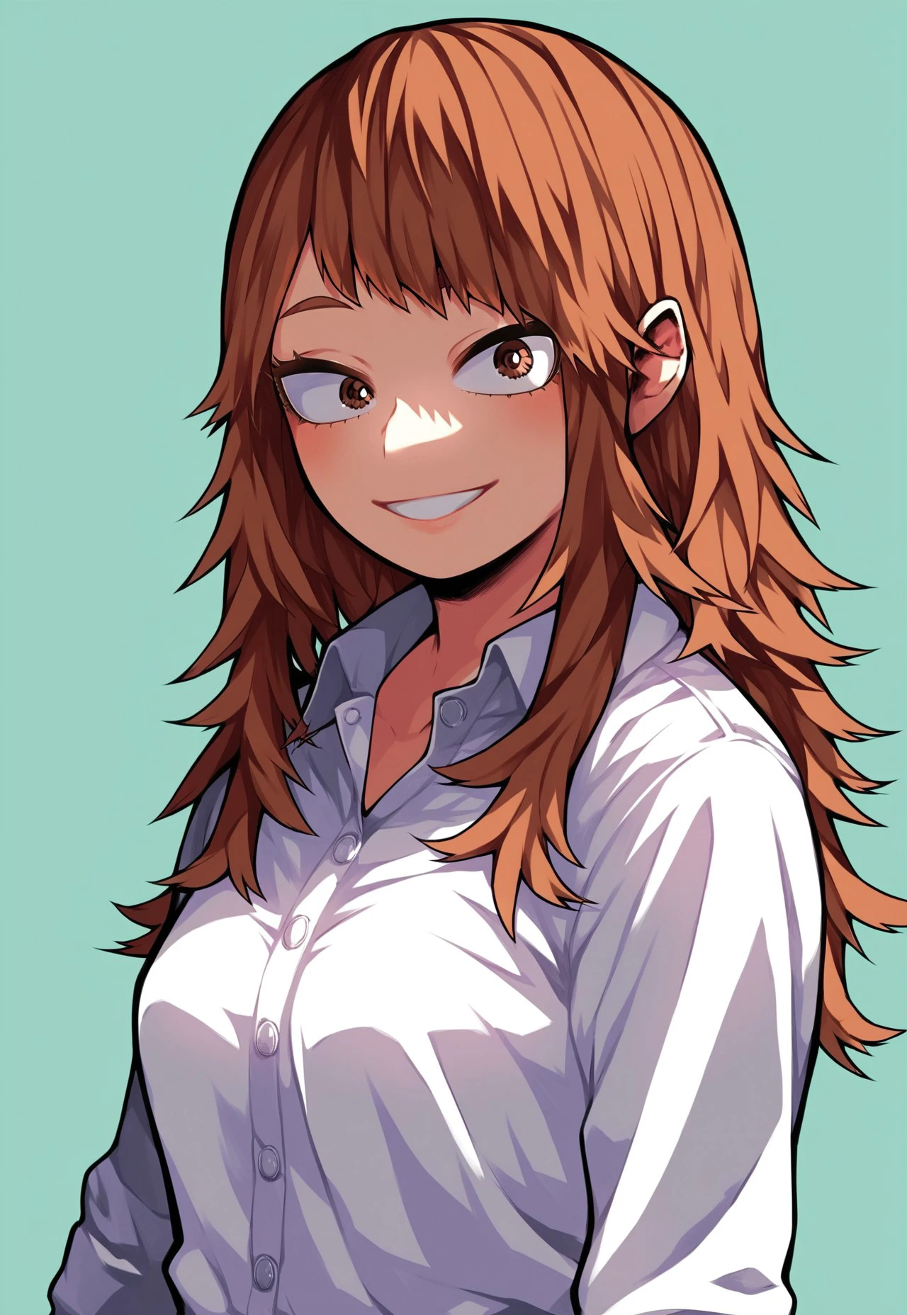 score_9, score_8_up, score_7_up, source_anime, solo, 1girl, brown hair, long hair, brown eyes, white shirt, smile, half body, looking at viewer, standing, light green background, Kohei Horikoshi, My Hero Academia, thick lineart, no pose