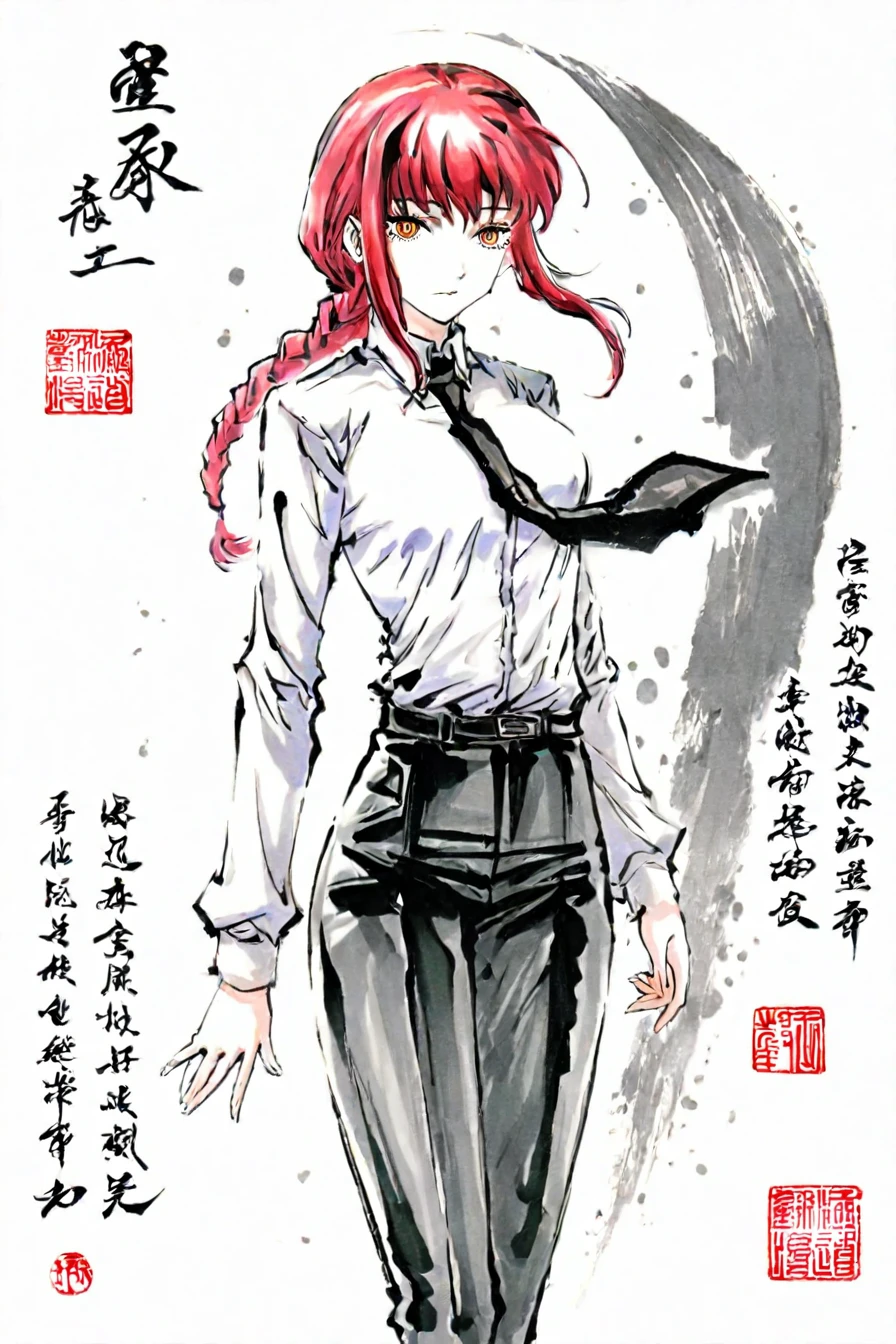 <lora:mak1ma0XL_Pony_v1:0.6> , mak1ma0, (makima:0.6), red hair, long hair, ringed eyes, braid, white collared shirt,black necktie, black pants, 1girl, solo, alone,   <lora:traditional_japanese_calligraphy_illustriousXL:1>, traditional japanese calligraphy, masterpiece, highres